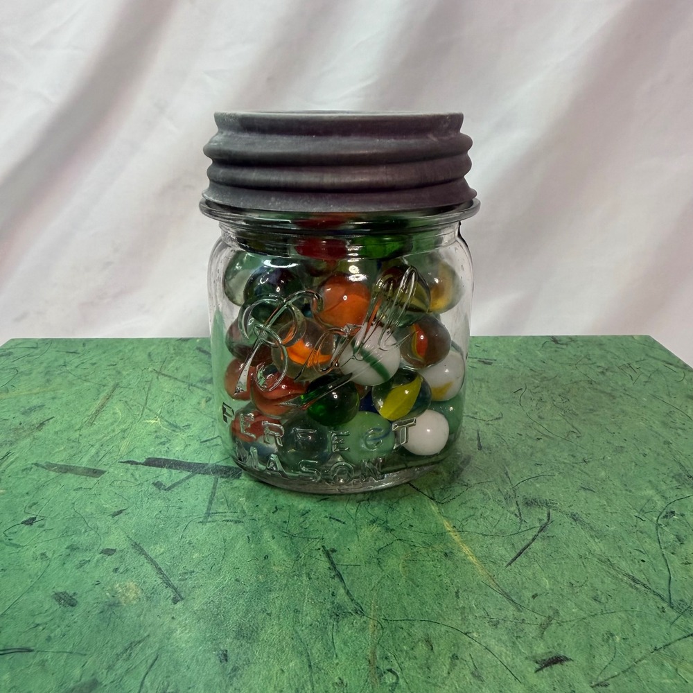 Vintage Glass Marble Assorted Lot in Ball Perfect Mason Jar with Zinc Lid 4 Inch